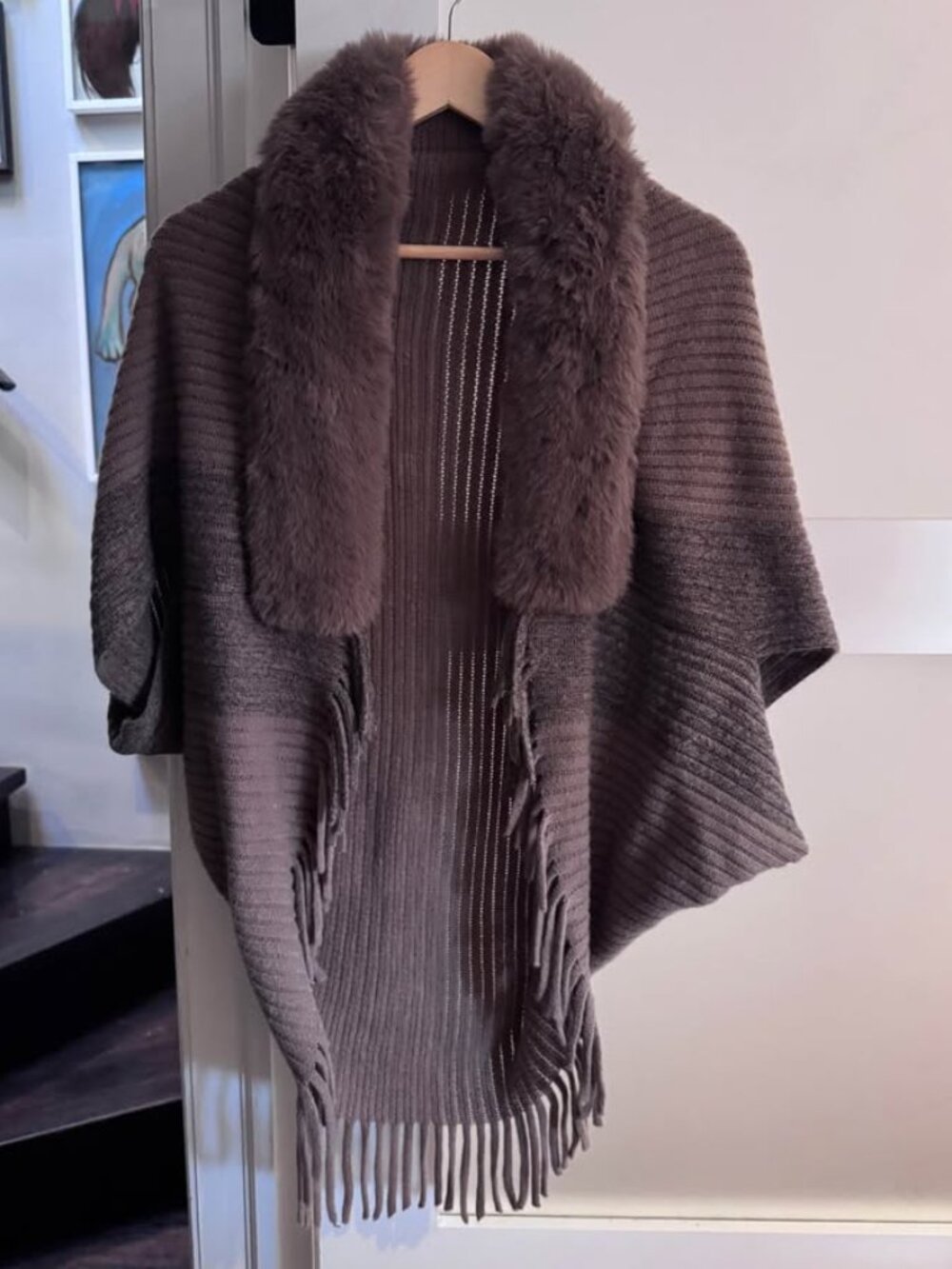 Brown faux fur collar open front knit fringed poncho shawl cape cardigan sweater